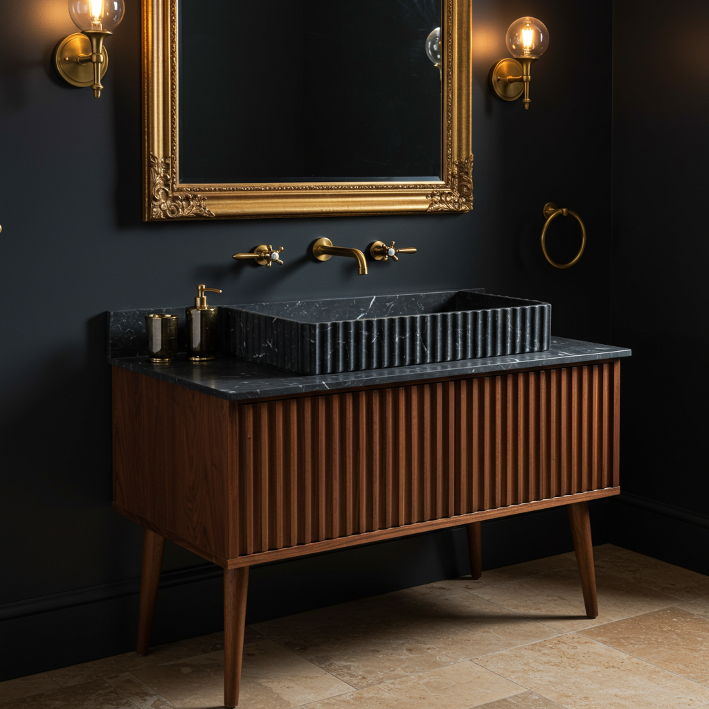 black marble fluted sink cabinet