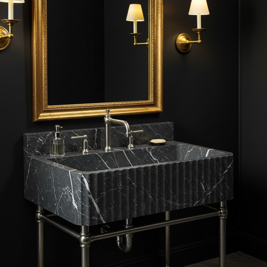 dark veined marble fluted sink