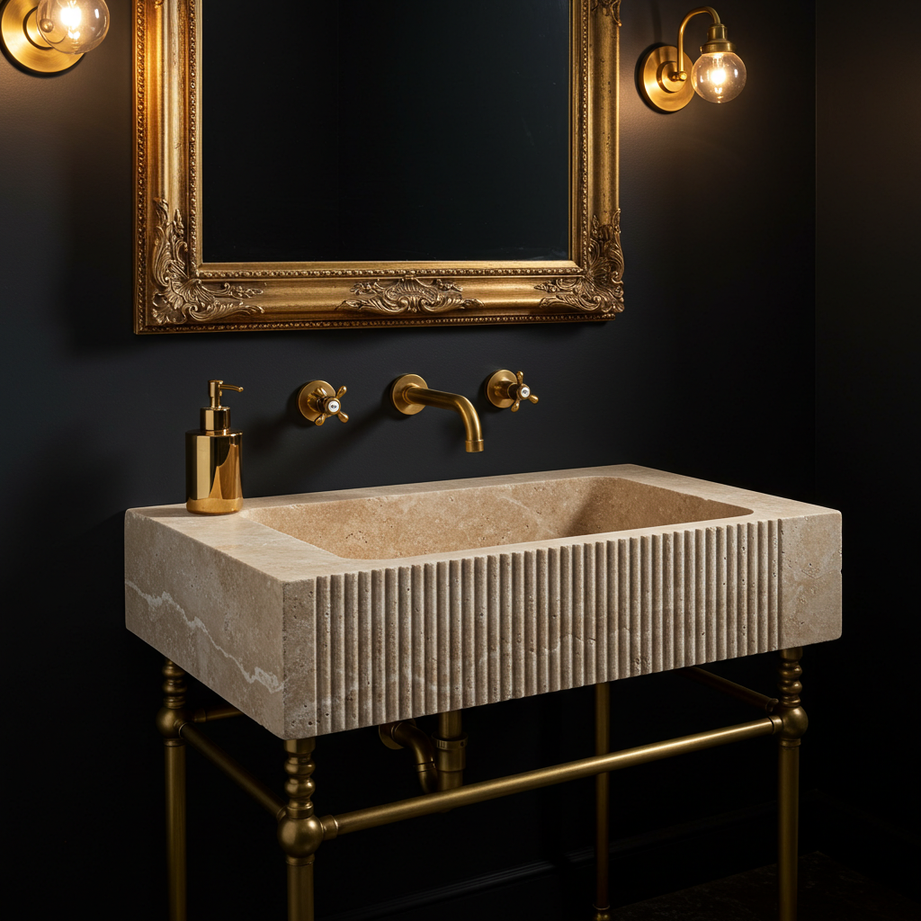 deep rectangular fluted travertine sink