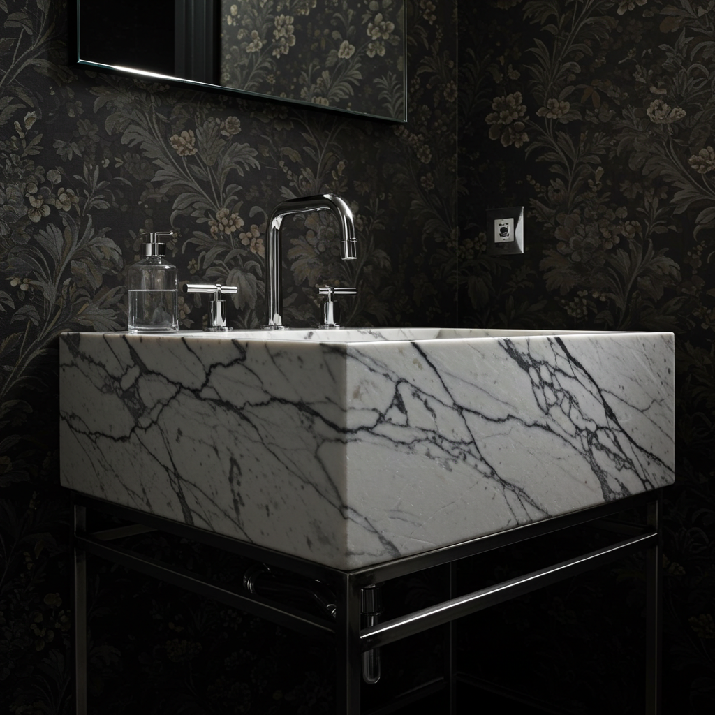 monochrome veined marble box sink